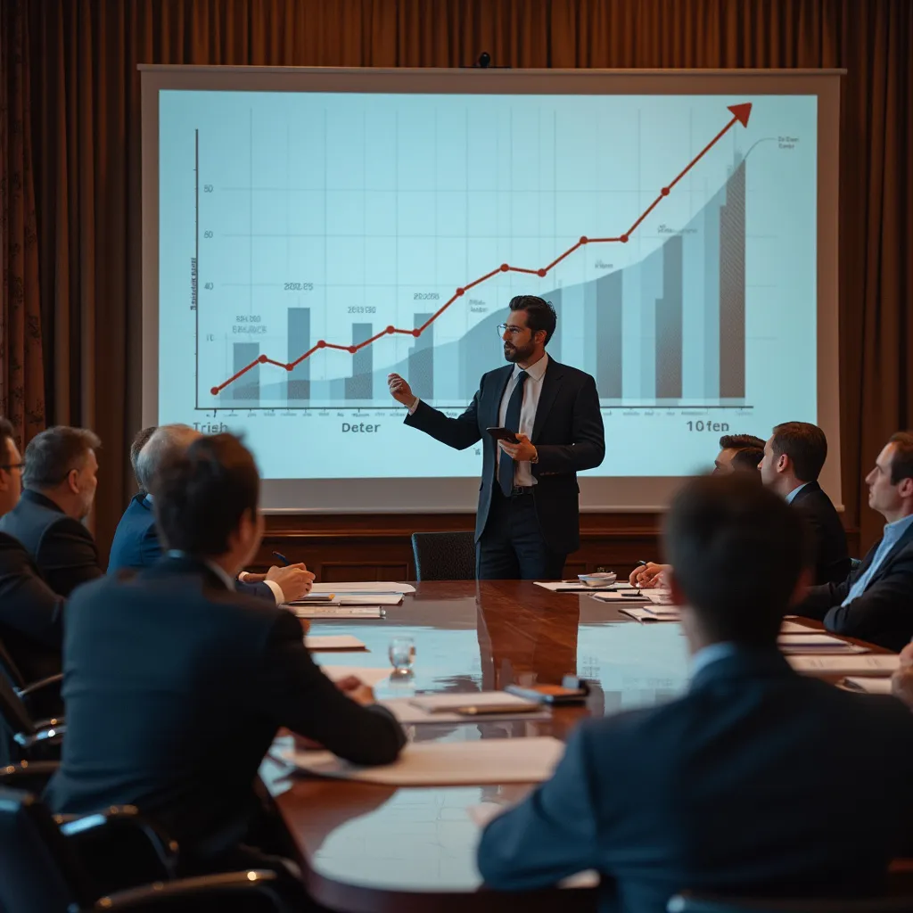 Consultor senior presentando resultados y proyecciones a un cliente importante en una oficina ejecutiva