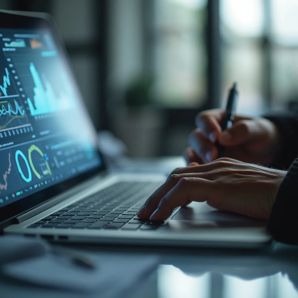 Detalle de un consultor analizando datos complejos en una computadora portátil