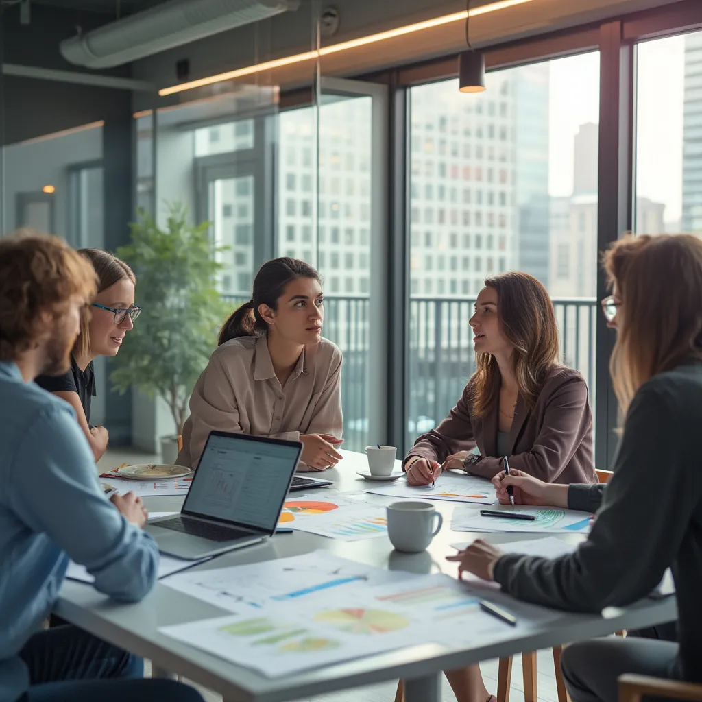 Oficina moderna de consultoría con equipo diverso colaborando en una mesa con tecnología.