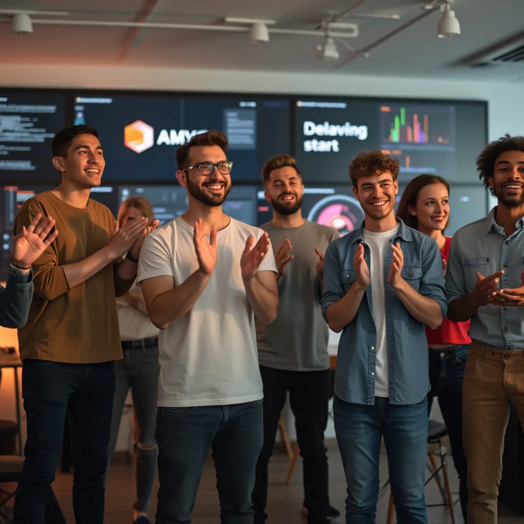 Equipo de startup tecnológica celebrando un lanzamiento