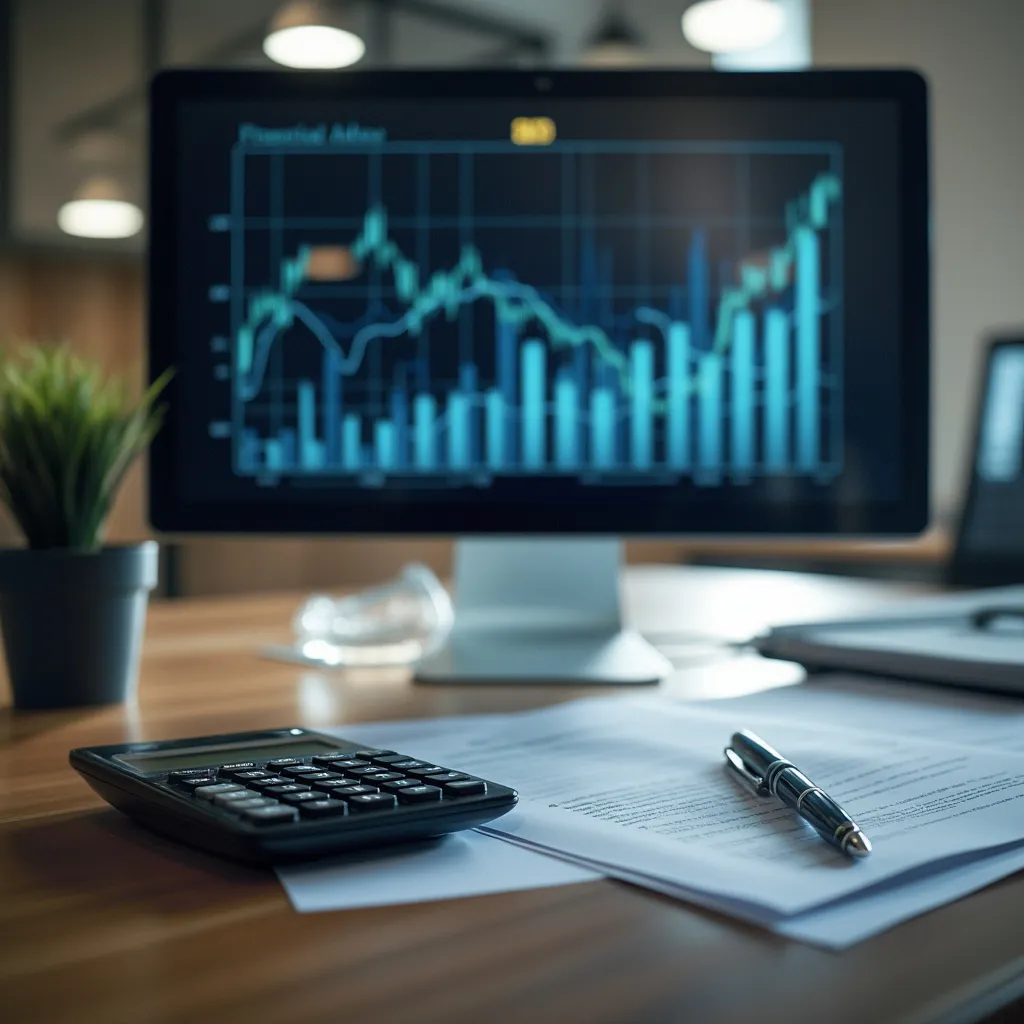 Gráficos financieros y calculadora sobre un escritorio