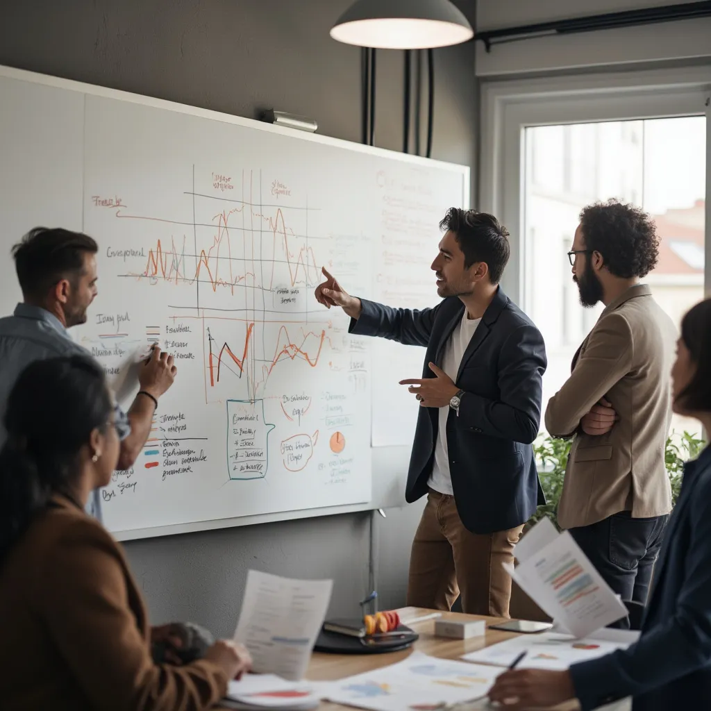 Equipo discutiendo estrategia en una pizarra